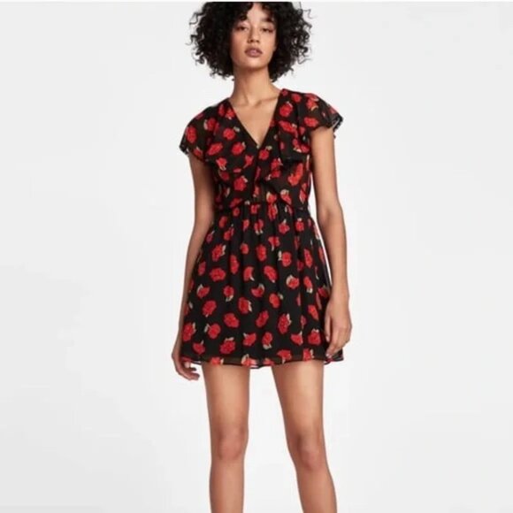 Zara Black Red Floral Flowy V Neck Dress Self Tie Wrap Belt Ruffle Sleeves‎ Med - Picture 2 of 8